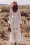 White Lace V-Neck Ruffled A-Line Long Wedding Dress with Sash