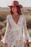 White Lace V-Neck Ruffled A-Line Long Wedding Dress with Sash