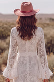 White Lace V-Neck Ruffled A-Line Long Wedding Dress with Sash