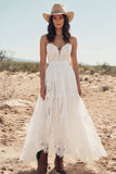 White A-Line Tiered Strapless Boho Lace Long Wedding Dress