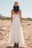 White A-Line Tiered Strapless Boho Lace Long Wedding Dress