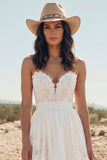 White A-Line Tiered Strapless Boho Lace Long Wedding Dress
