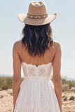 White A-Line Tiered Strapless Boho Lace Long Wedding Dress