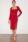 Red Pencil Knee Length Work Dress with Belt
