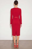 Red Pencil Knee Length Work Dress with Belt