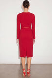 Red Pencil Knee Length Work Dress with Belt