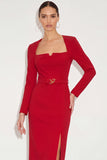 Red Pencil Knee Length Work Dress with Belt