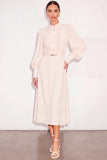 Ivory High Neck Single Breasted Midi Work Dress with Belt