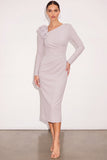Light Grey Bodycon Ruched V Neck Midi Work Dress with 3D Flower
