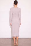 Light Grey Bodycon Ruched V Neck Midi Work Dress with 3D Flower