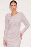 Light Grey Bodycon Ruched V Neck Midi Work Dress with 3D Flower