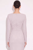 Light Grey Bodycon Ruched V Neck Midi Work Dress with 3D Flower