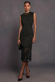 Black Round Neck Ruched Lace Midi Pencil Work Dress