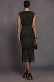 Black Round Neck Ruched Lace Midi Pencil Work Dress