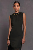 Black Round Neck Ruched Lace Midi Pencil Work Dress