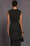 Black Round Neck Ruched Lace Midi Pencil Work Dress