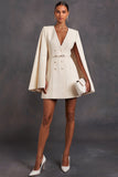 White V-Neck Double Breasted Short Work Dress with Belt