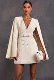 White V-Neck Double Breasted Short Work Dress with Belt