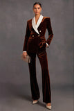 Brown Velvet Shawl Lapel Double Breasted 2 Piece Women Suits with Sleeves