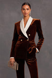 Brown Velvet Shawl Lapel Double Breasted 2 Piece Women Suits with Sleeves