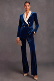 Brown Velvet Shawl Lapel Double Breasted 2 Piece Women Suits with Sleeves