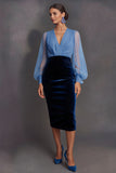 Blue V-Neck Ruched Pencil Midi Work Dress with Sleeves