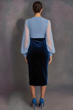 Blue V-Neck Ruched Pencil Midi Work Dress with Sleeves