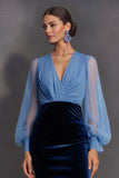 Blue V-Neck Ruched Pencil Midi Work Dress with Sleeves