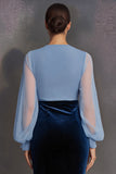 Blue V-Neck Ruched Pencil Midi Work Dress with Sleeves