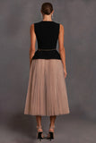 Black A-Line Tulle Boat Neck Midi Work Dress with Belt