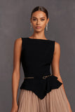Black A-Line Tulle Boat Neck Midi Work Dress with Belt