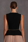 Black A-Line Tulle Boat Neck Midi Work Dress with Belt