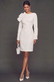 White Boat Neck Ruched Pencil Midi Work Dress with Pearls
