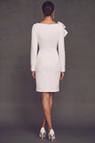White Boat Neck Ruched Pencil Midi Work Dress with Pearls