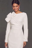 White Boat Neck Ruched Pencil Midi Work Dress with Pearls
