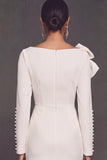 White Boat Neck Ruched Pencil Midi Work Dress with Pearls