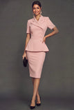 Pink Peak Lapel Single Breasted 2 Piece Pencil Midi Work Dress with Sleeves