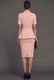 Pink Peak Lapel Single Breasted 2 Piece Pencil Midi Work Dress with Sleeves