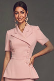 Pink Peak Lapel Single Breasted 2 Piece Pencil Midi Work Dress with Sleeves