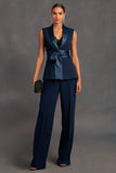 Navy Shawl Lapel 2 Piece Women Suits with Sash