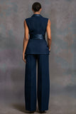 Navy Shawl Lapel 2 Piece Women Suits with Sash