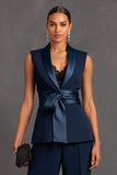 Navy Shawl Lapel 2 Piece Women Suits with Sash