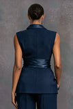 Navy Shawl Lapel 2 Piece Women Suits with Sash