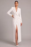 White Sheath Peak Lapel Double Breasted Long Work Dress with Slit