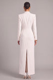 White Sheath Peak Lapel Double Breasted Long Work Dress with Slit