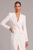 White Sheath Peak Lapel Double Breasted Long Work Dress with Slit
