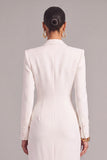 White Sheath Peak Lapel Double Breasted Long Work Dress with Slit