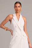 White Double Breasted Bodycon Notched Lapel Short Work Dress