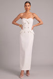 White Sheath Strapless Double Breasted Long Work Dress