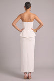 White Sheath Strapless Double Breasted Long Work Dress